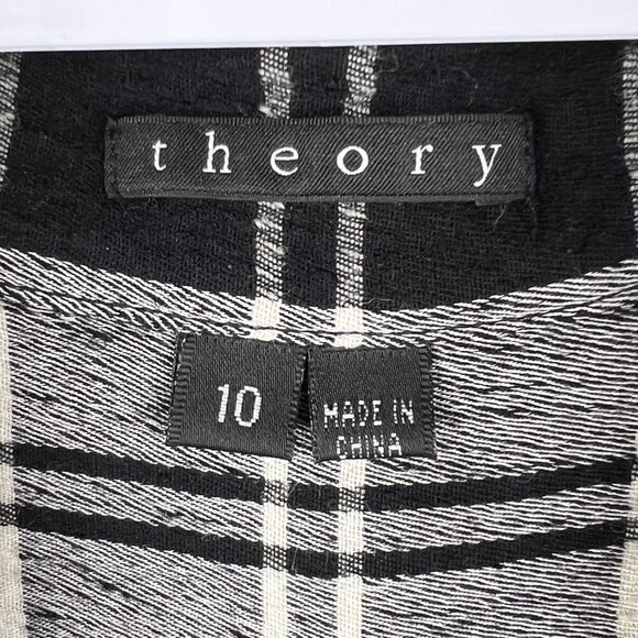 Theory Women 10 Black White Tartan Plaid Button Up Tunic Shirt Virgin Wool Blend - Picture 12 of 15